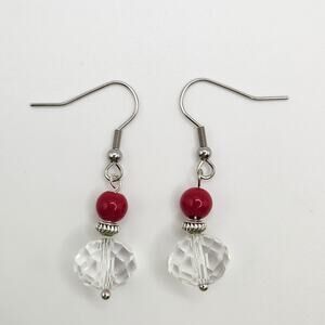 Handmade Earrings with Crystal, Red Coral – 1.5" Dangle